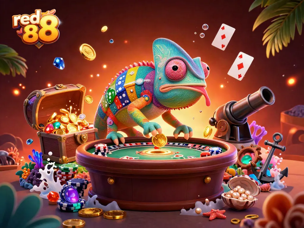 Experience the thrill of red 88 gaming with an animated chameleon casino owner amidst vibrant treasures