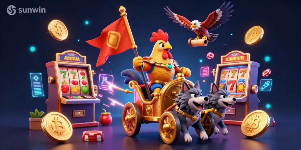 Engage with sunwin's thrilling gaming atmosphere featuring a rooster warlord, slot machines, and crypto coins.