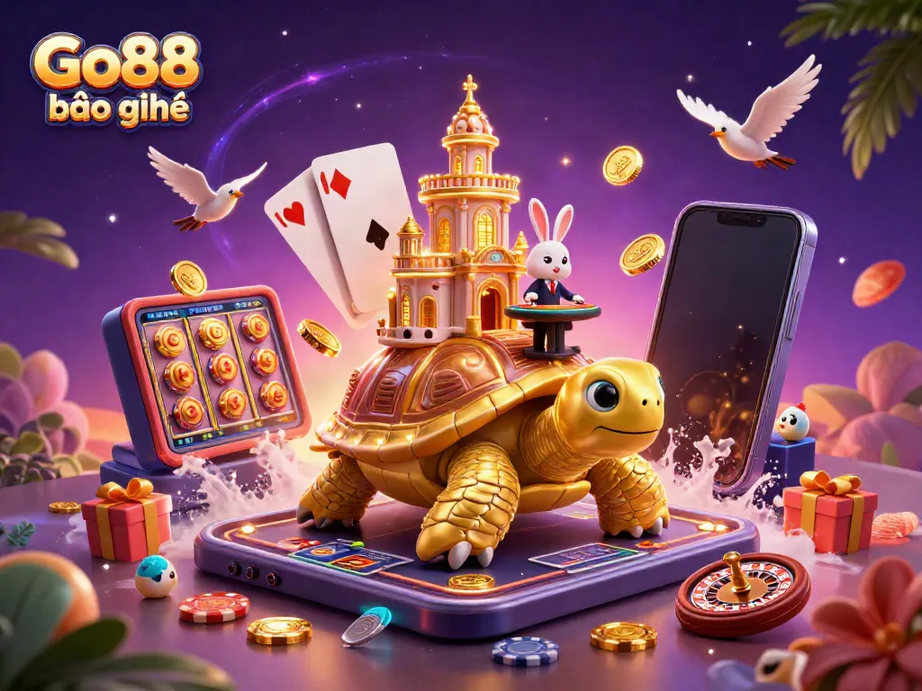 Go88 bảo mật showcases a vibrant, detailed casino scene with golden tortoise, rabbit dealer, and animated casino elements.