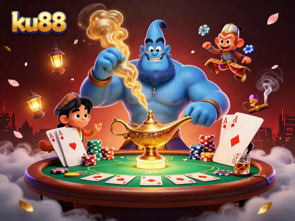 ku88 players enjoying a vibrant poker scene with a genie, monkey, and magical elements
