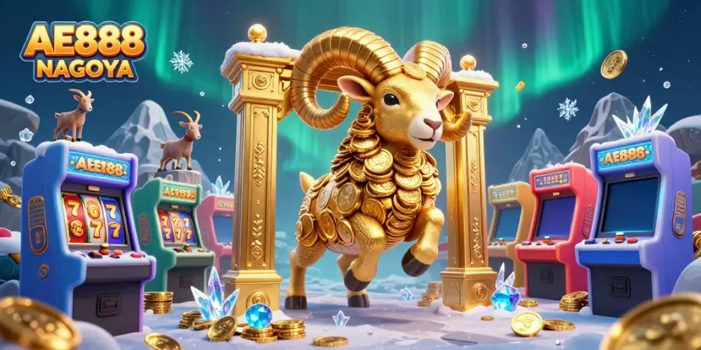 Experience the excitement of AE888 NAGOYA with a golden ram charging through a vibrant casino scene.