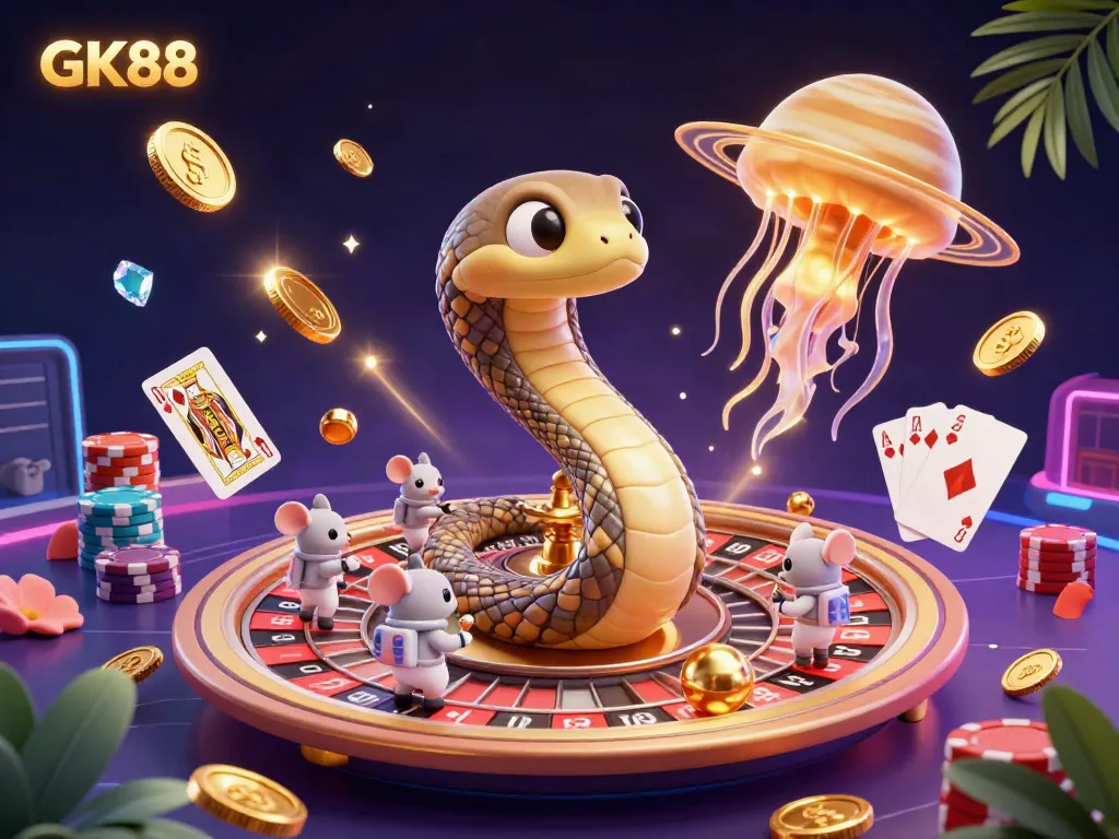 Experience the thrill of GK88 with a colorful cosmic casino scene featuring roulette and exciting gaming elements.