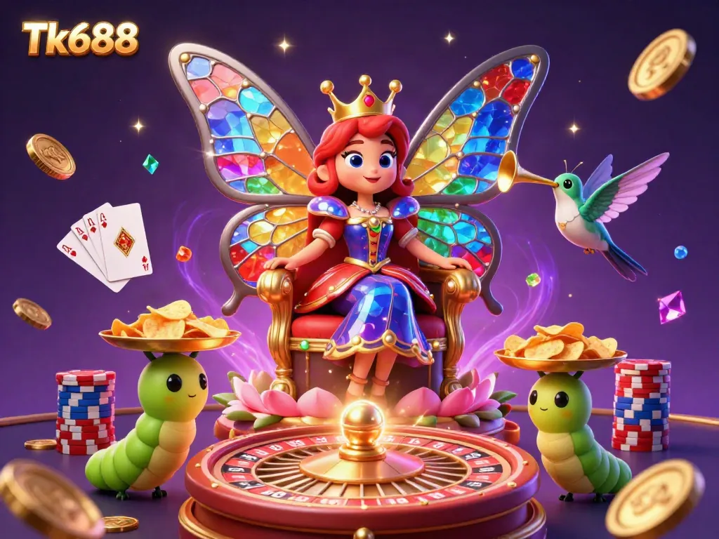 Experience exciting moments at Tk688 with vibrant illustrations of a butterfly queen, casino elements, and magical ambiance.