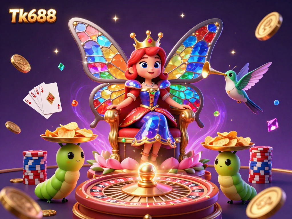 Experience exciting moments at Tk688 with vibrant illustrations of a butterfly queen, casino elements, and magical ambiance.