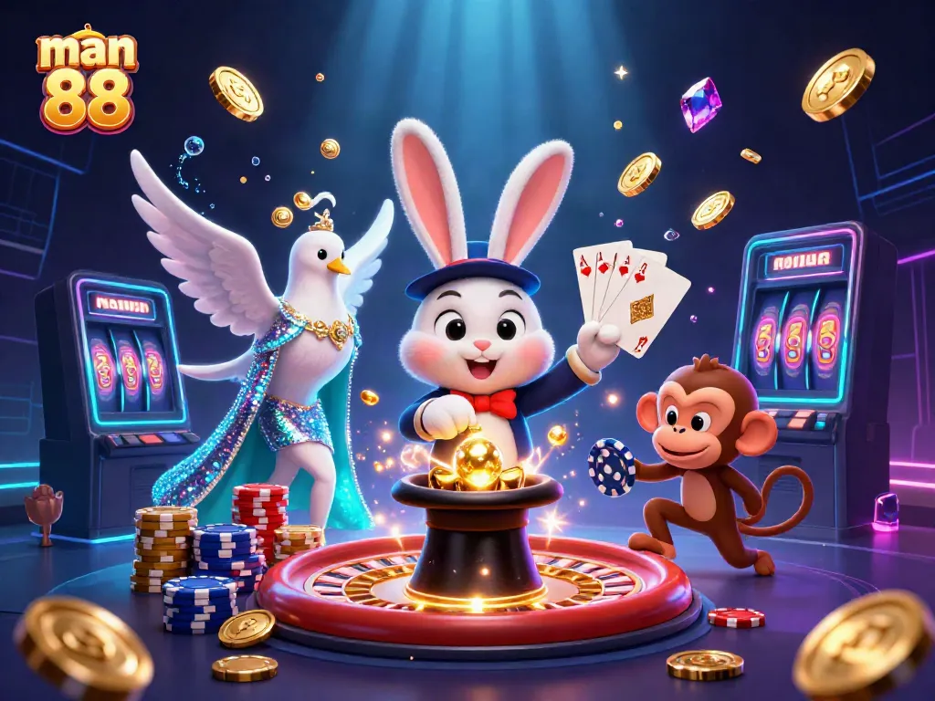 Engage system with man 88's thrilling golden coin magic, showcasing vibrant casino elements.