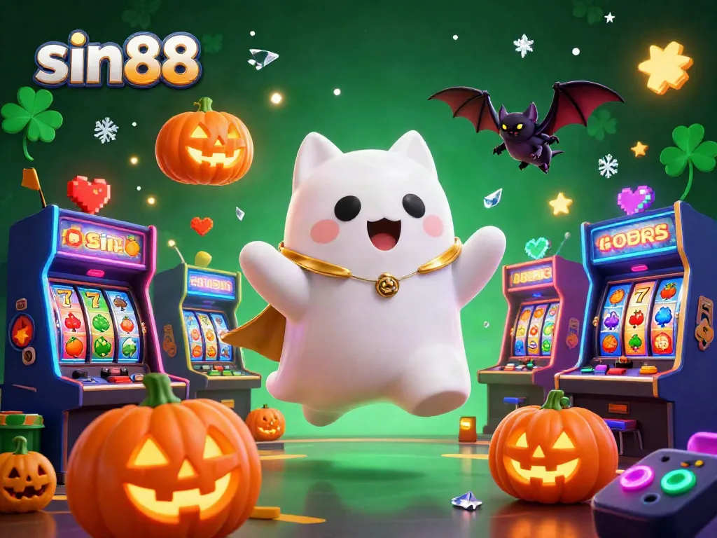 Experience the excitement of sin88 with a ghost cat and bat companion in a colorful casino filled with games and glowing decorations.