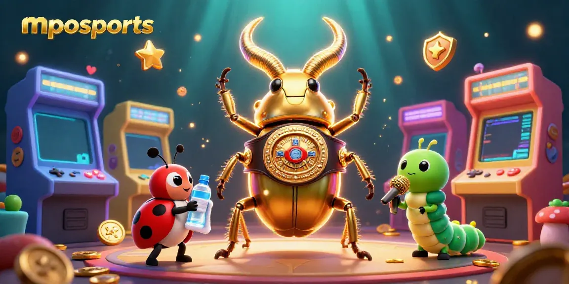 Bet on mposports with a vibrant 3D illustration featuring a golden stag beetle champion and colorful gaming elements.