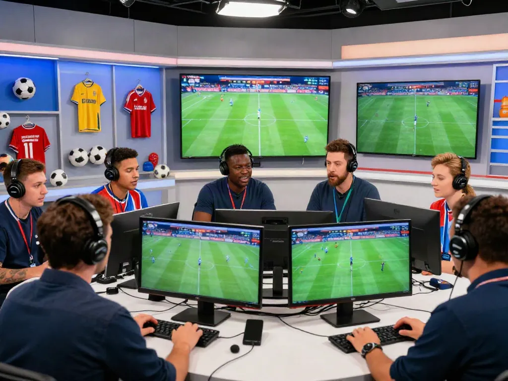 A live sports commentary scene at Xoilactv with analysts discussing football events and game stats.