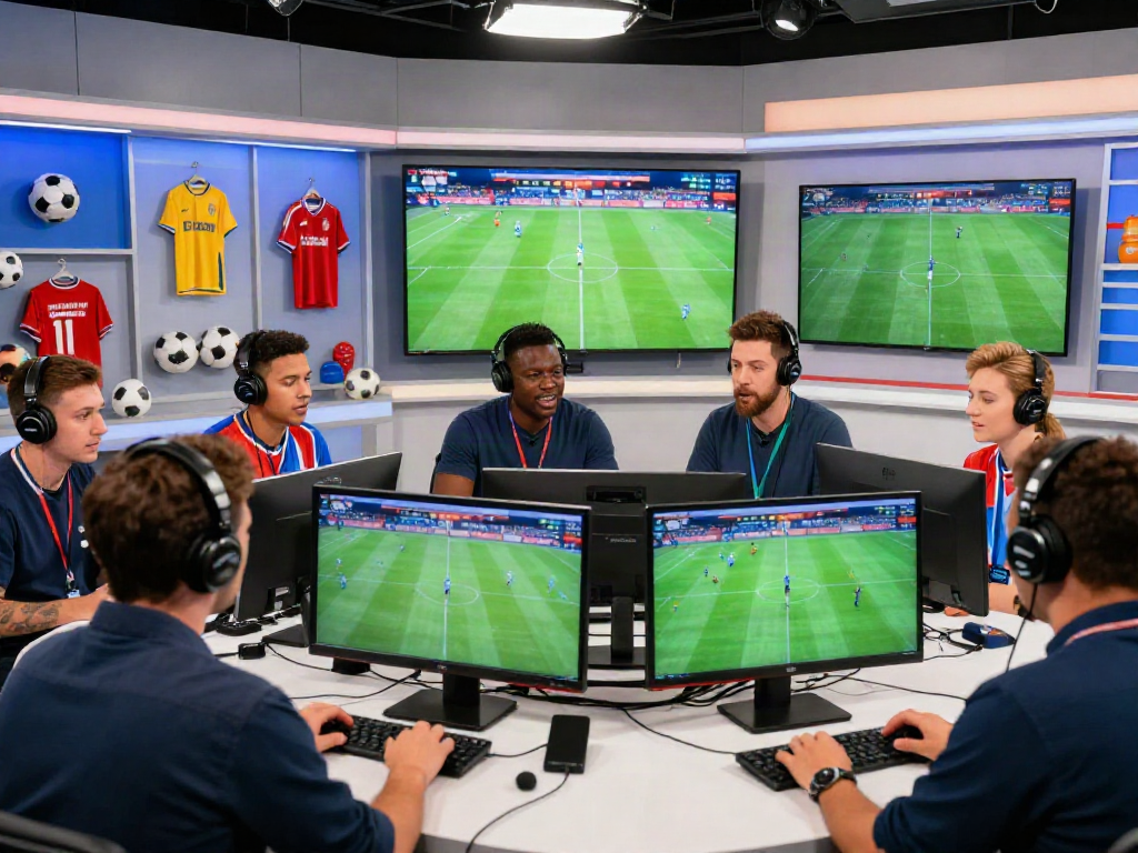 A live sports commentary scene at Xoilactv with analysts discussing football events and game stats.