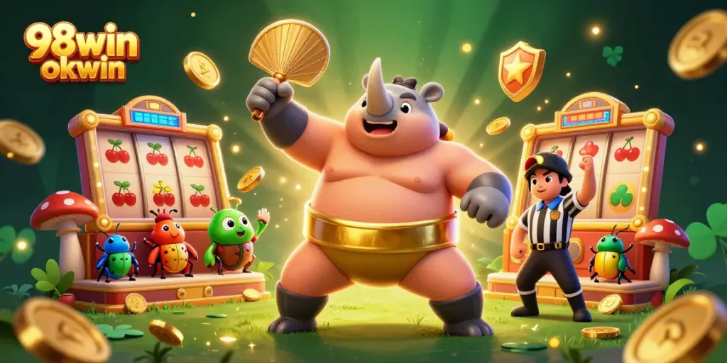 Experience exhilarating gaming with 98win okwin featuring a dynamic scene of a sumo champion beetle amidst flying jackpot coins.