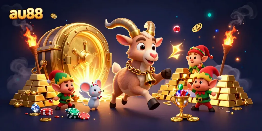 Experience thrilling gaming moments at au88 with festive 3D characters in an enchanted casino.