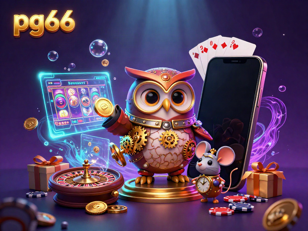 Join the exciting action at pg66 with a cartoon owl and mouse in a vibrant casino scene.