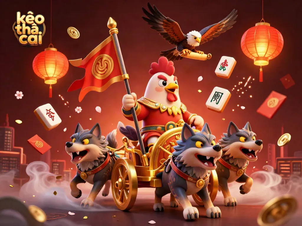 Engage with kèo nhà cái through this vibrant 3D illustration featuring a rooster warlord and dynamic casino elements.