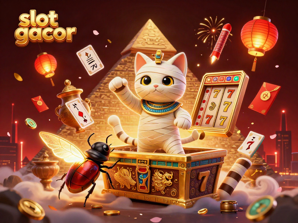 Experience slot gacor excitement with a golden pyramid casino scene featuring dynamic characters and vibrant game elements.