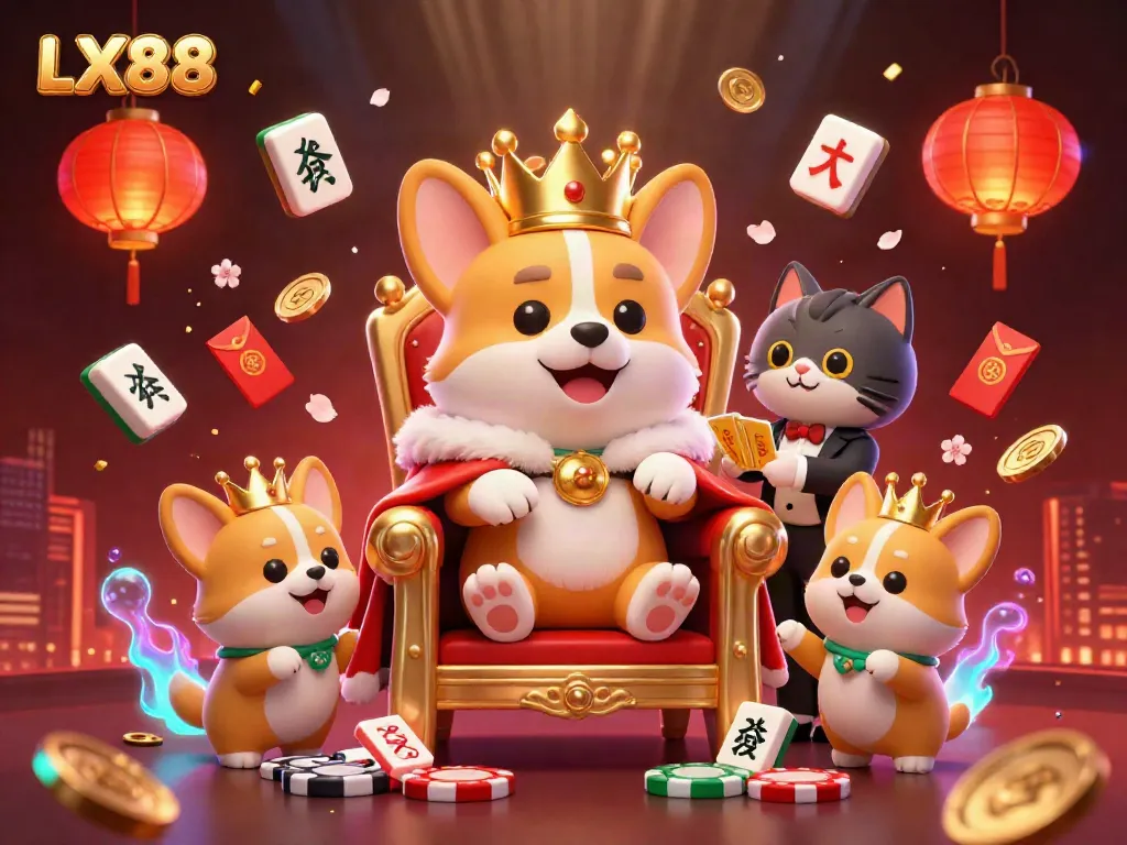 Experience the vibrant casino-themed world of LX88 with a royal corgi sitting on poker chips.