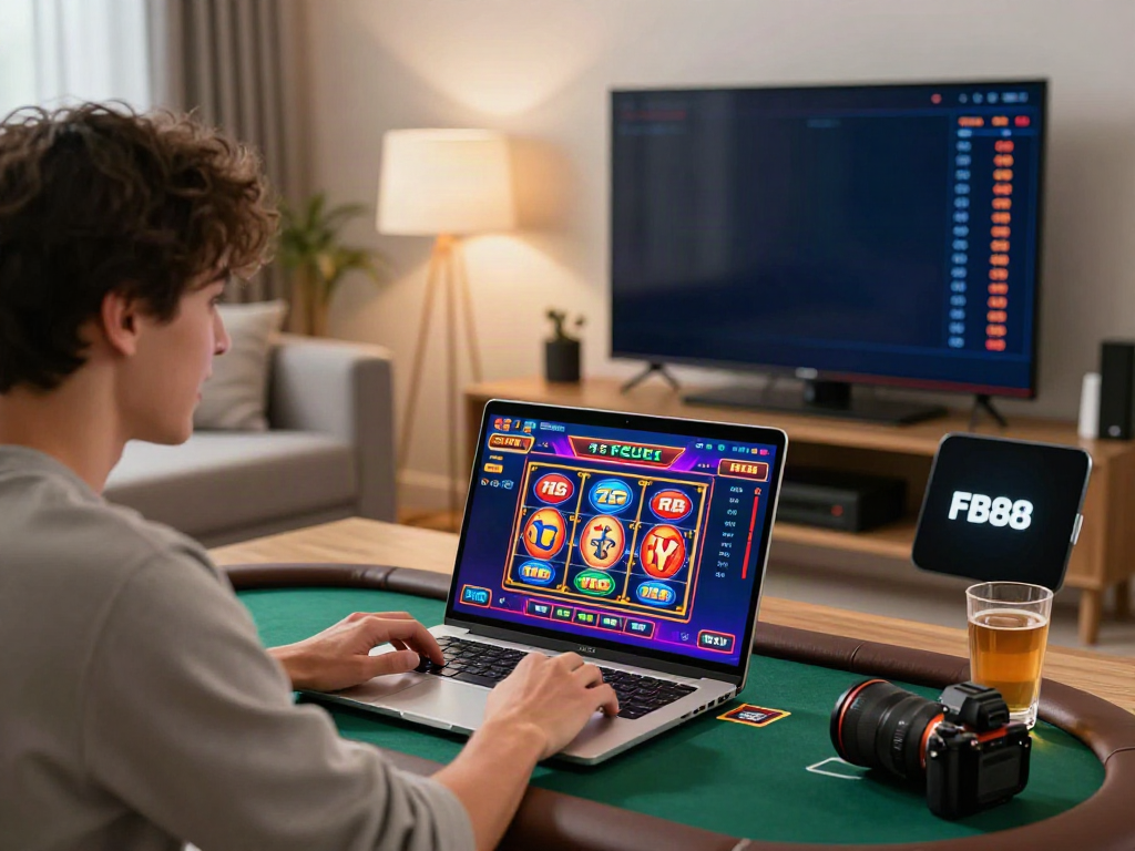 Exciting FB88 online gaming experience with a player engaged on a laptop surrounded by colorful casino game graphics.