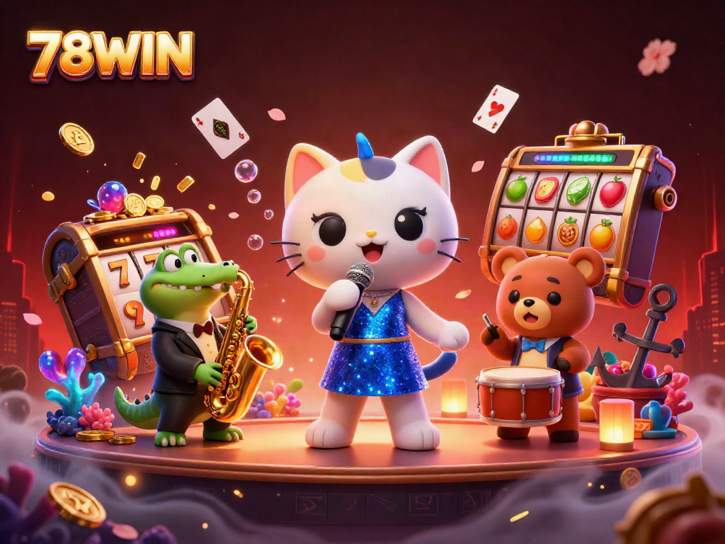 Experience the excitement of 78WIN with a vibrant casino scene featuring a jazzy cat, crocodile, and bear.