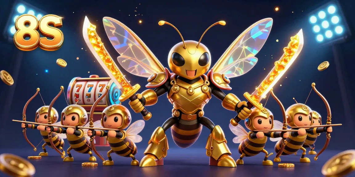 Engaging 3D casino scene featuring 8S with a golden hornet and archers amid captivating slot elements.