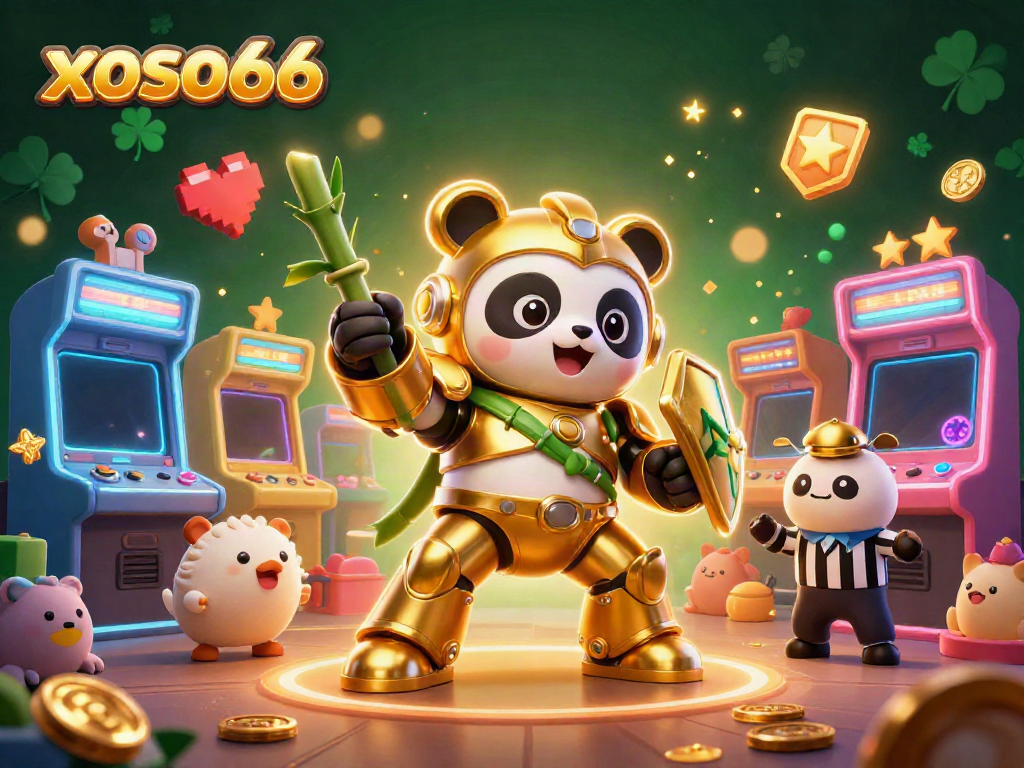 Engage in thrilling adventures on xoso66 with a golden panda robot amidst a vibrant casino scene.