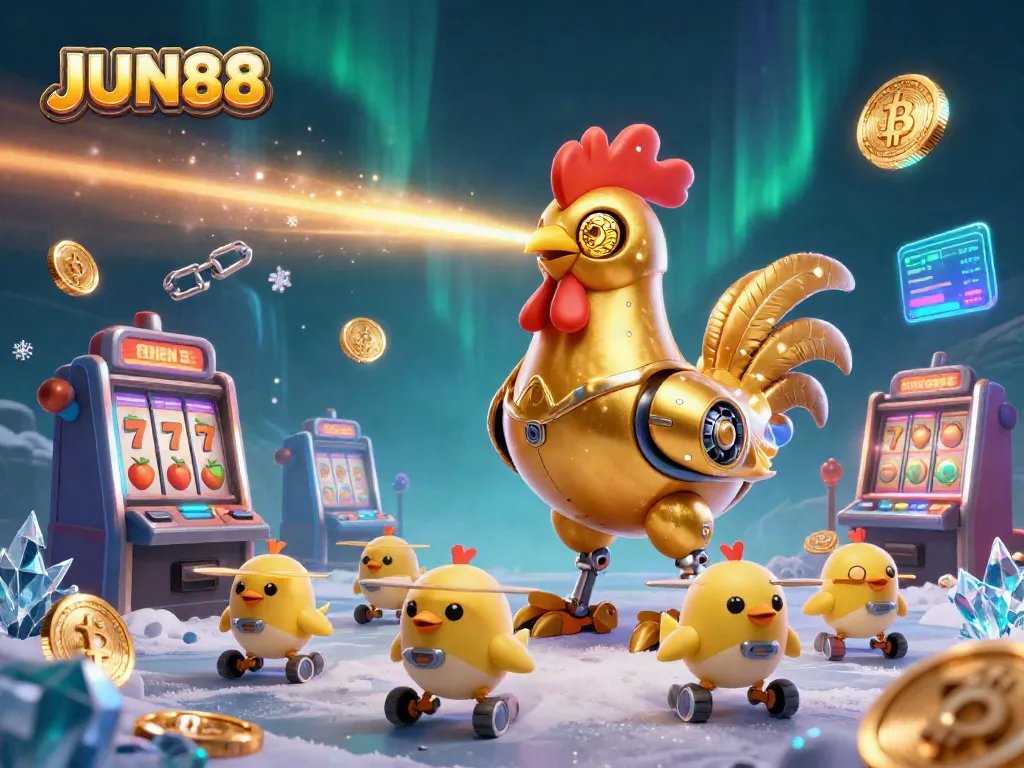Experience thrilling slots at JUN88 with vibrant golden animations and futuristic gaming elements.