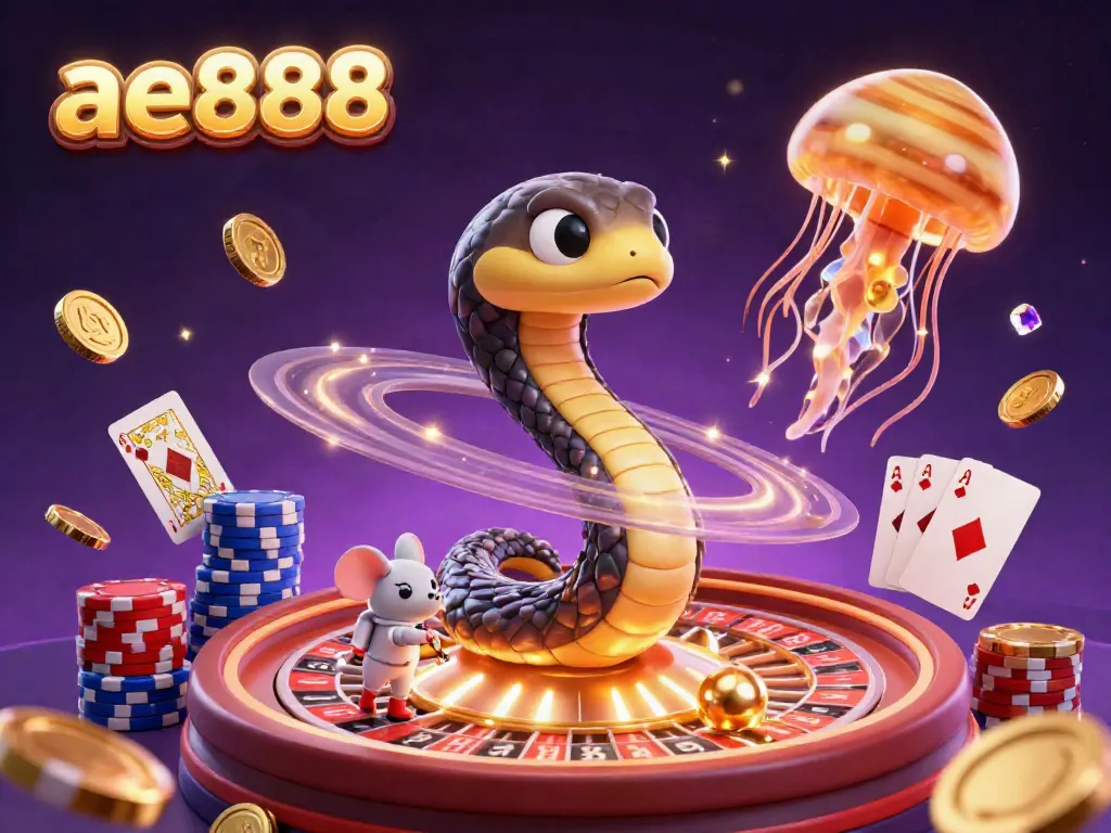Engage in a thrilling cosmic casino experience with ae888 surrounded by celestial characters, vibrant colors, and dynamic gaming elements.