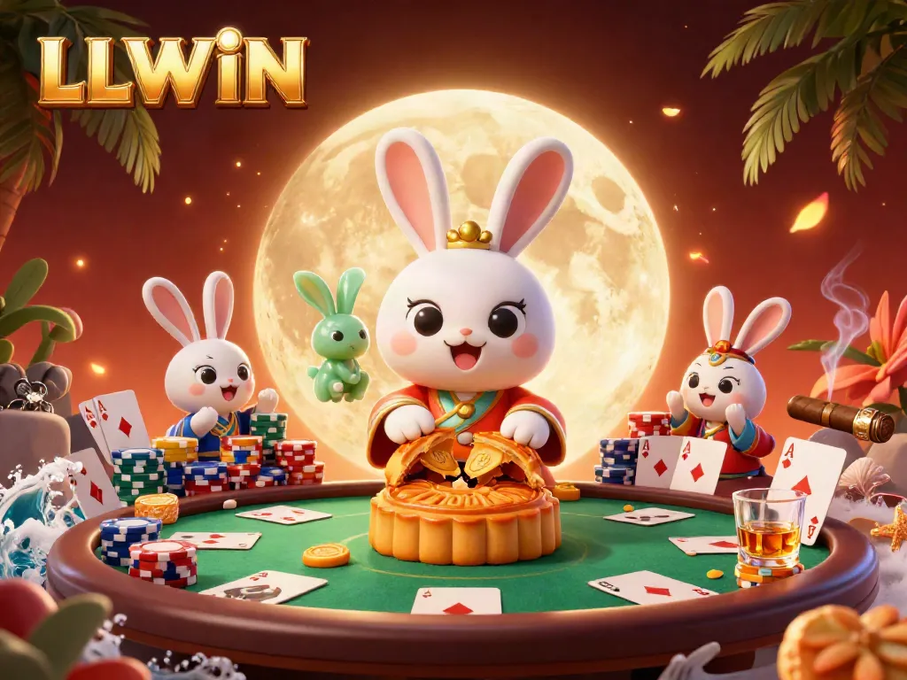 Engaging LLWIN theme with a moon rabbit presenting poker chips amid dynamic casino elements.