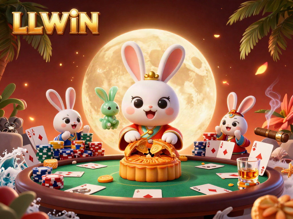 Engaging LLWIN theme with a moon rabbit presenting poker chips amid dynamic casino elements.