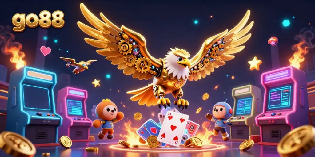 Experience the thrill of go88 with a golden eagle soaring through holographic cards and vibrant game elements.