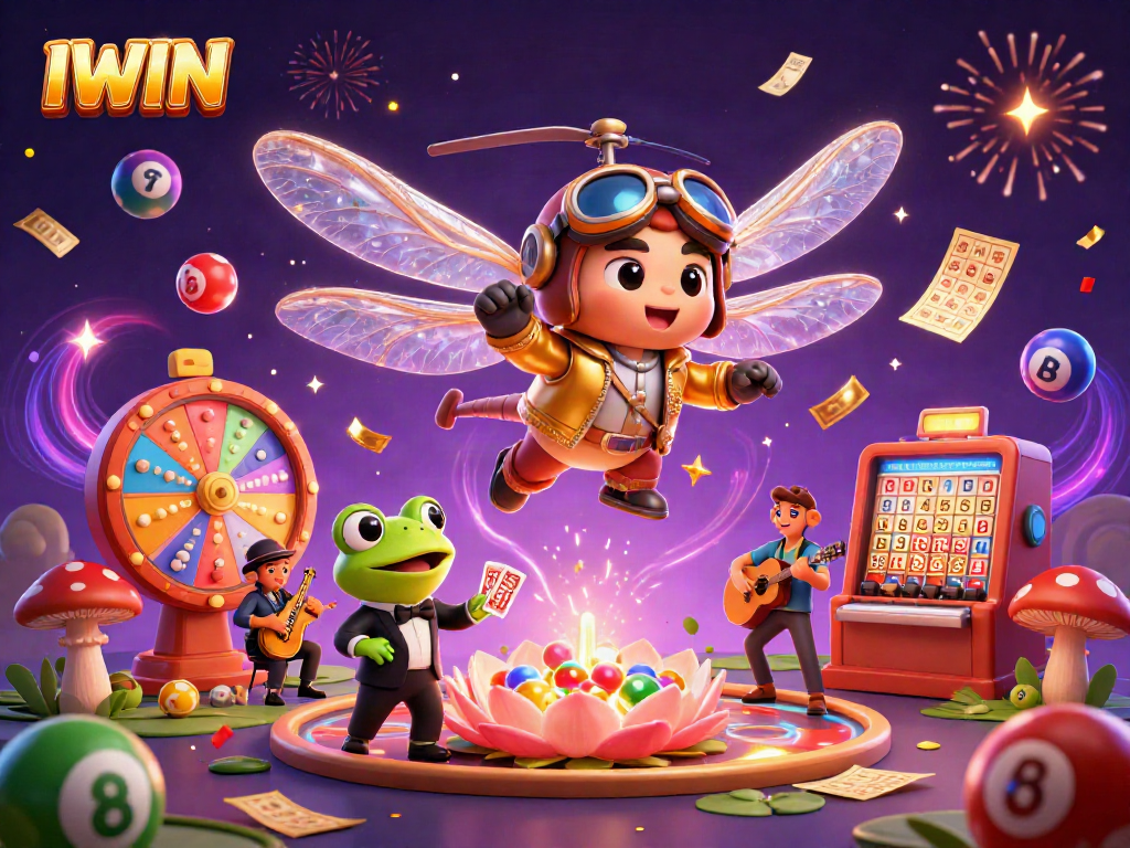 IWIN casino scene with a dragonfly pilot, frog croupier, and cricket band amidst vibrant gaming elements.