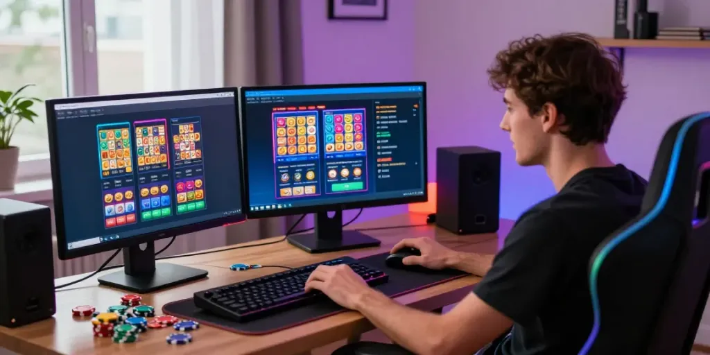 Dewatogel gaming scene with enthusiastic player at modern computer, vibrant colors, lottery games, and cozy home atmosphere.