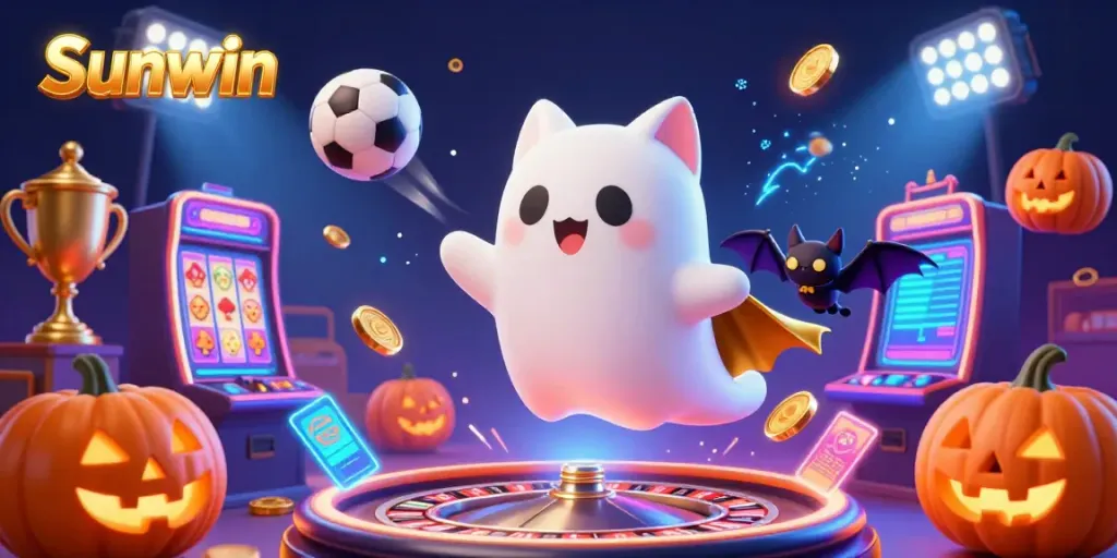 Experience the thrill of Sunwin with a ghost cat in an online casino surrounded by sports elements and glowing details.