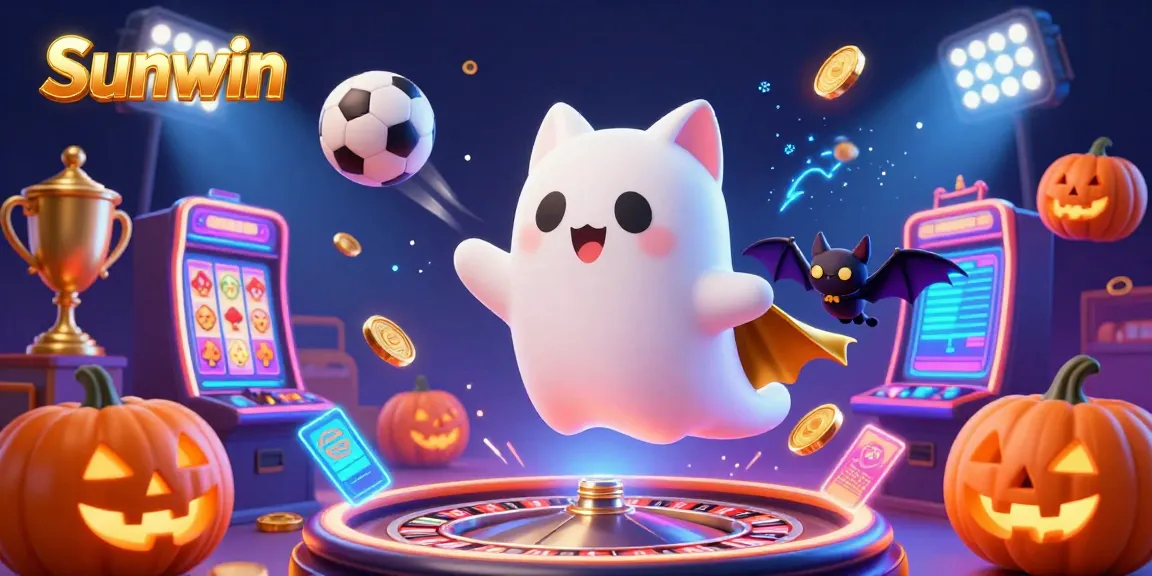 Experience the thrill of Sunwin with a ghost cat in an online casino surrounded by sports elements and glowing details.