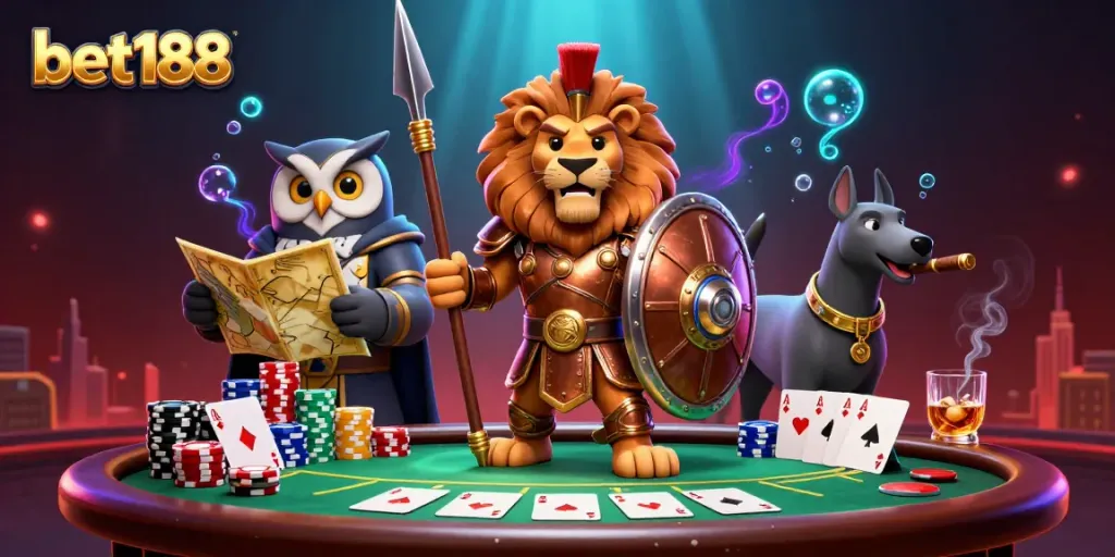 Experience the excitement of bet188 with a vibrant, animated casino scene featuring poker elements.