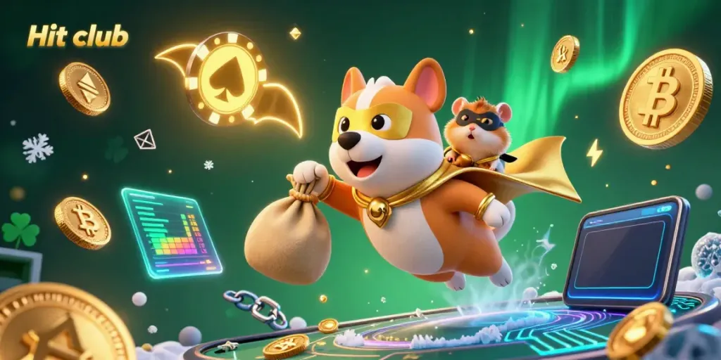 Hit club game characters celebrate with sparkling coins in a vibrant casino adventure.