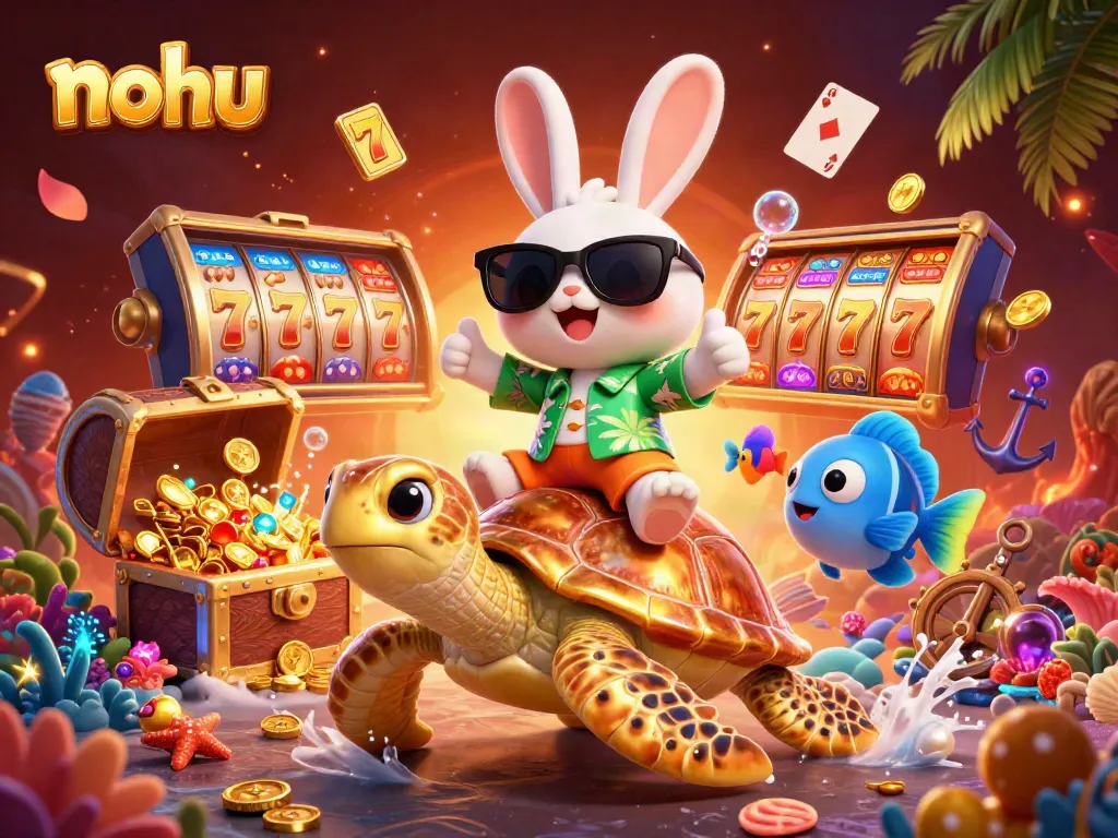 Engage in winning strategies at nohu with a vibrant illustration showcasing a lucky rabbit and golden turtle amidst exciting slot elements.