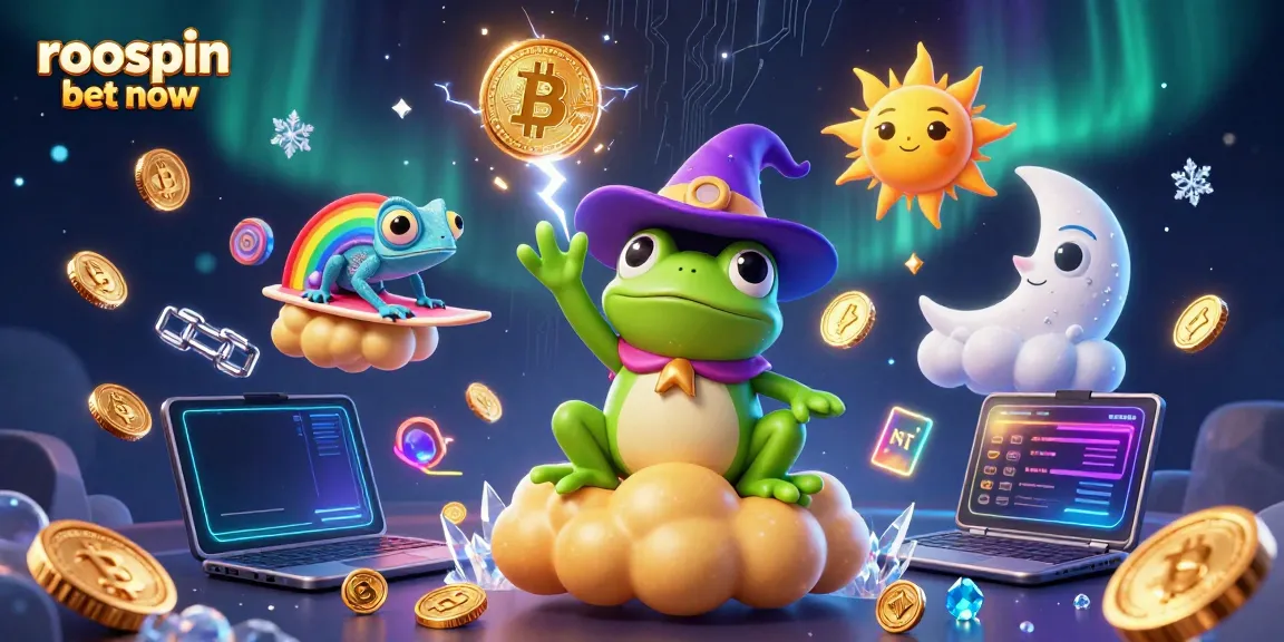 Engage with the exciting world of Roospin Casino by playing with the frog wizard and chameleon amidst golden coins.