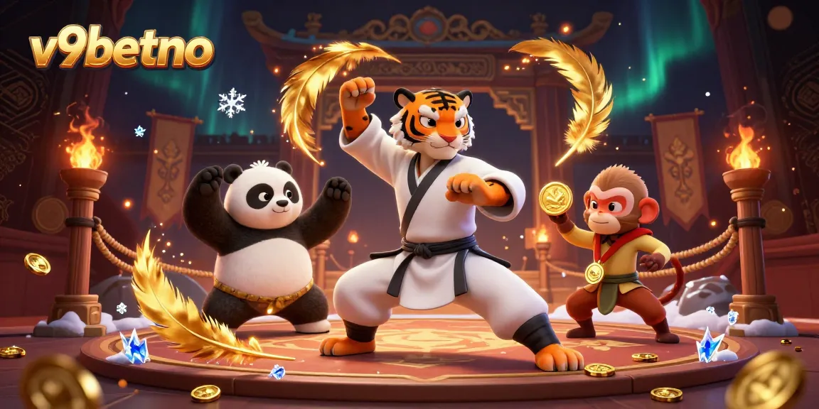 Experience vibrant action at v9betno with a kung fu tiger and panda at a dynamic casino arena.