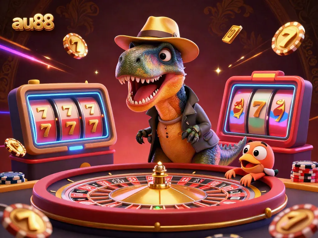 Experience the thrill of au88 with a cartoon velociraptor and friends at a roulette table, filled with excitement and gaming action.