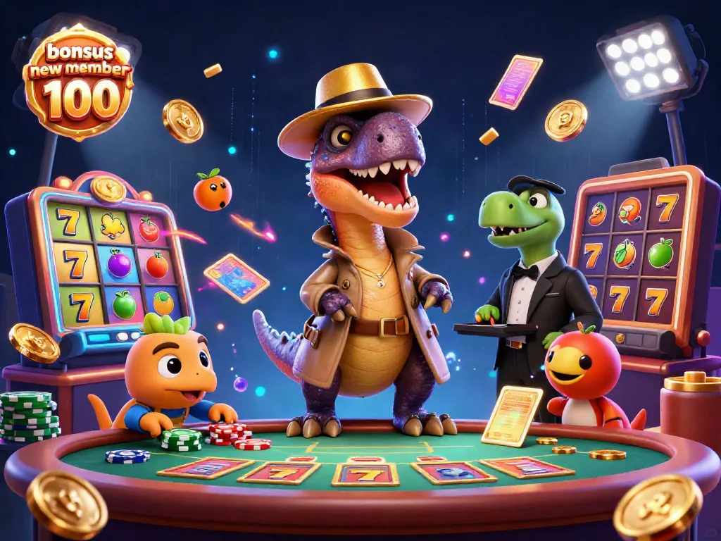 Winning scene of a velociraptor card counter in a casino with bonus new member 100 elements, depicting vibrant gambling excitement.
