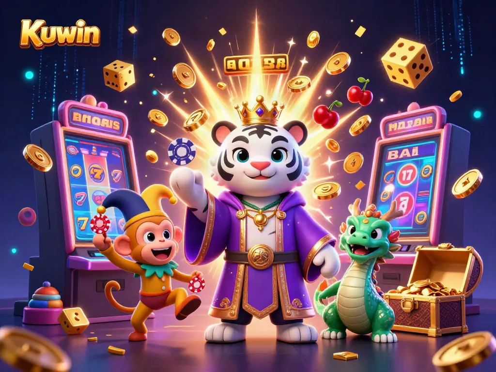 Kuwin's vibrant 3D casino scene featuring a regal white tiger, a jester monkey, and magical elements.