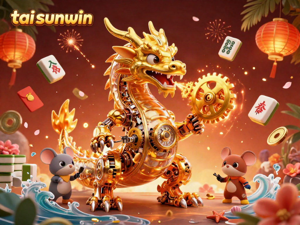 Engage with tai sunwin in an ultra-detailed 3D casino scene featuring a golden dragon and vibrant game elements.