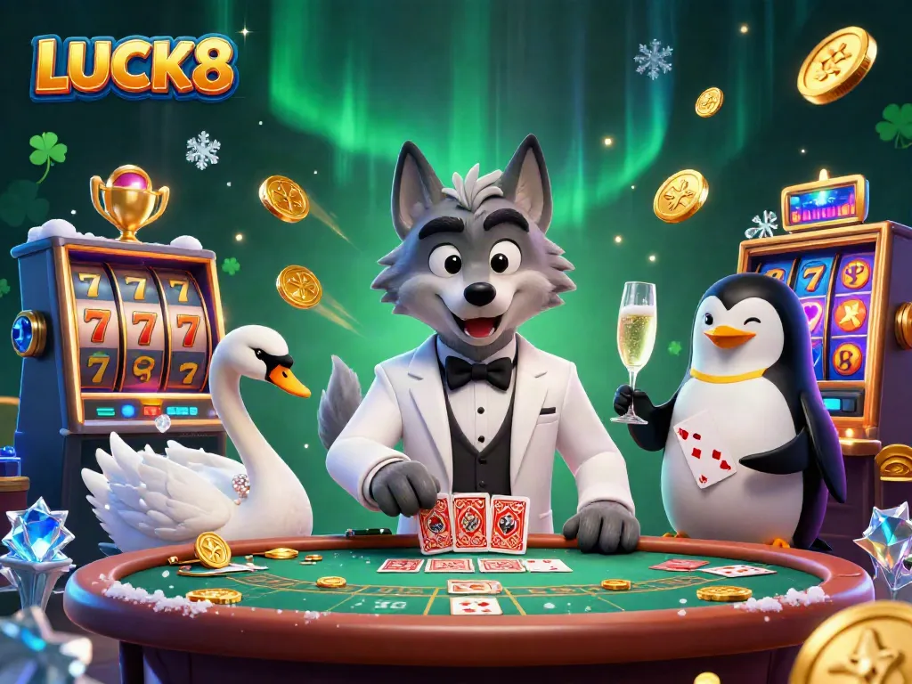 Engage with LUCK8's thrilling online gaming experience at a vibrant baccarat table featuring charismatic characters.