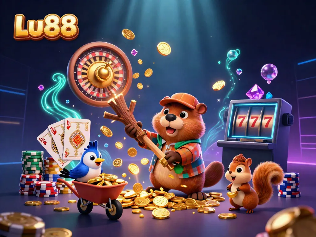 Experience thrilling games at Lu88 with a vibrant scene of a whimsical beaver, bird, and squirrel collecting golden coins.