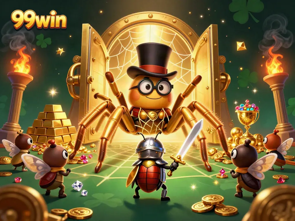 Engage in thrilling experiences at 99win with a vibrant casino scene featuring rich golden elements and energetic characters.