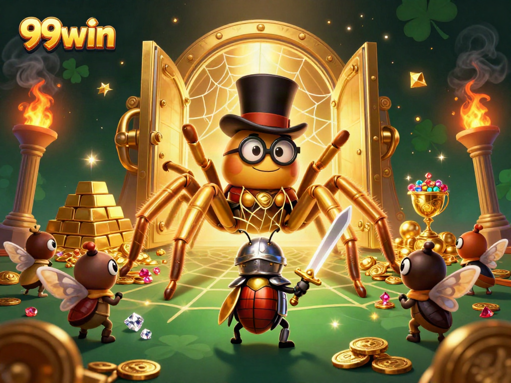 Engage in thrilling experiences at 99win with a vibrant casino scene featuring rich golden elements and energetic characters.