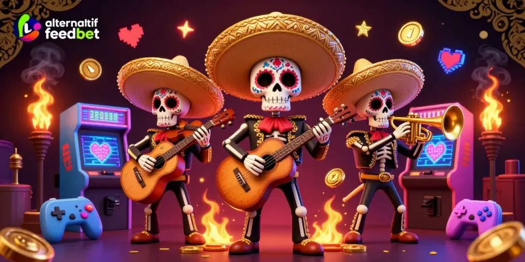Experience vibrant gaming with link alternatif feedbet in this immersive casino scene featuring dynamic 3D mariachi characters.
