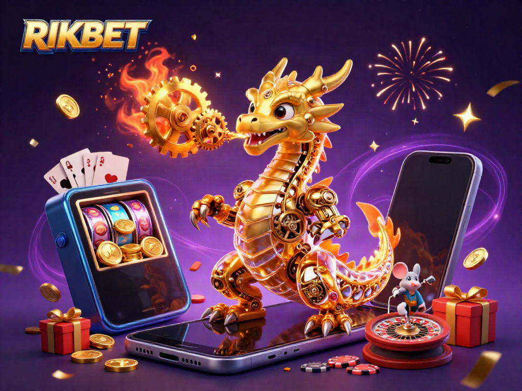 Experience thrilling gameplay at RIKBET with a golden dragon, coins, and dynamic casino elements.