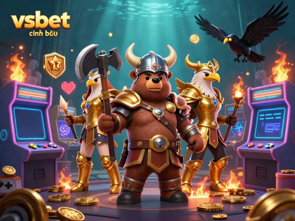 Engaging scene featuring vsbet chính thức with cartoon Viking characters and colorful arcade elements.