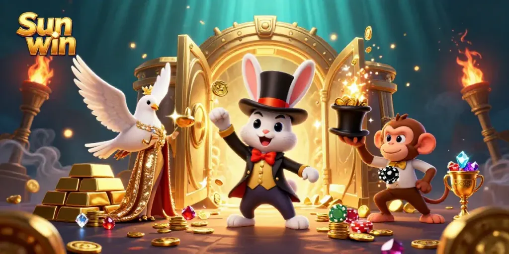 Experience the thrill of Sun win with a 3D scene of a magician rabbit pulling coins, showcasing casino excitement.