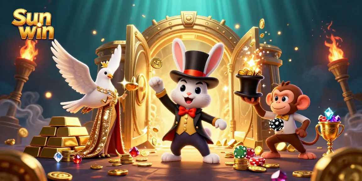 Experience the thrill of Sun win with a 3D scene of a magician rabbit pulling coins, showcasing casino excitement.